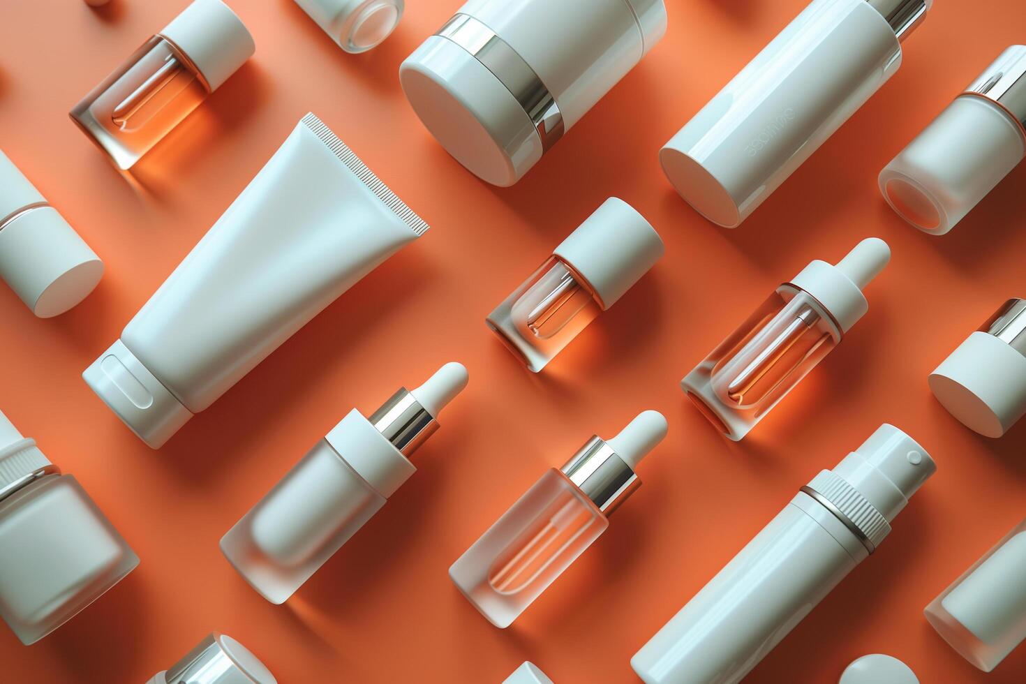 AI generated set of beauty products on orange background, top view, mock-up photo