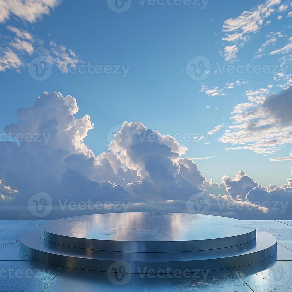 AI generated steel podium for product display presentation with cloud sky background photo