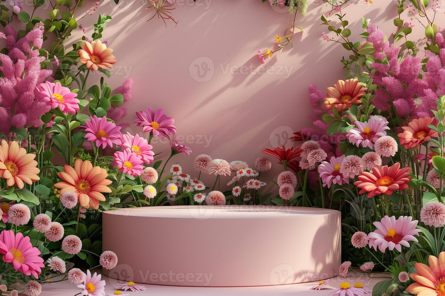 AI generated empty rounded showcase for product presentation display with spring flowers photo