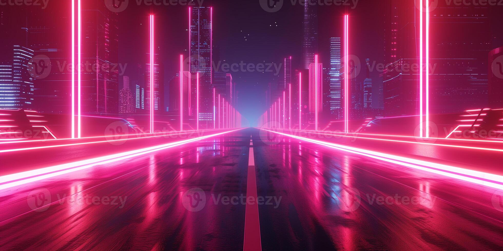 AI generated high-speed neon light trails, empty road photo