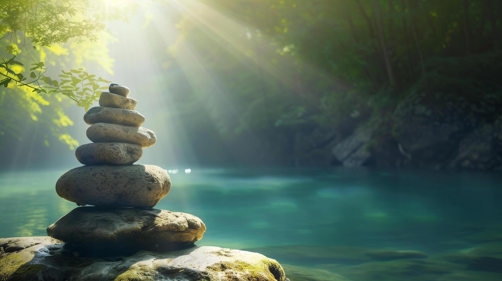 AI generated balanced stone art by a mountain river under sunlight photo
