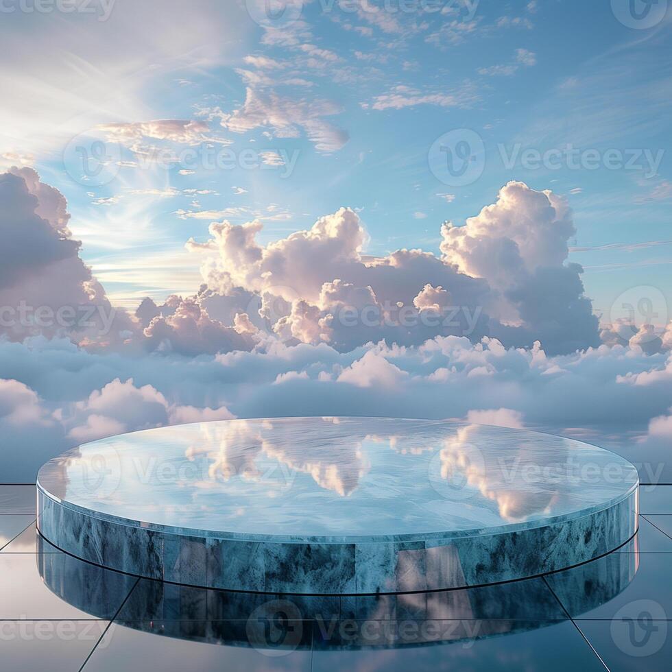 AI generated crystal glass podium for product display presentation with cloud sky background photo