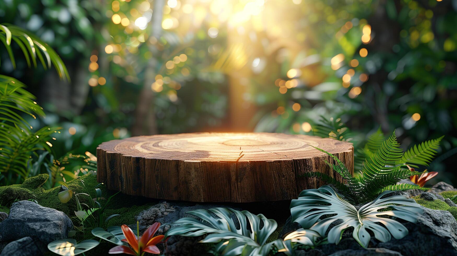 AI generated Product presentation wooden podium with tropical forest background photo