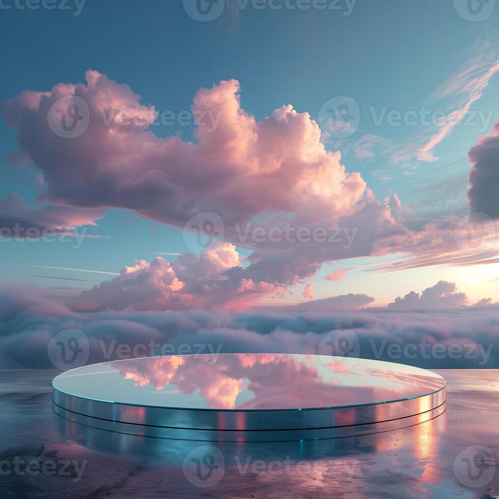 AI generated crystal glass podium for product display presentation with cloud sky background photo