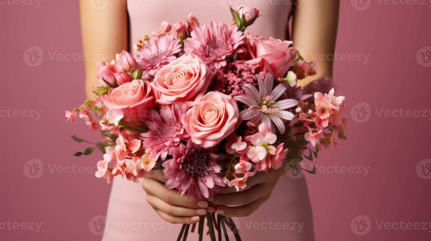 AI generated Close-up of a woman's hands holding a lush bouquet of pink roses and gerberas, symbolizing love and elegance. photo