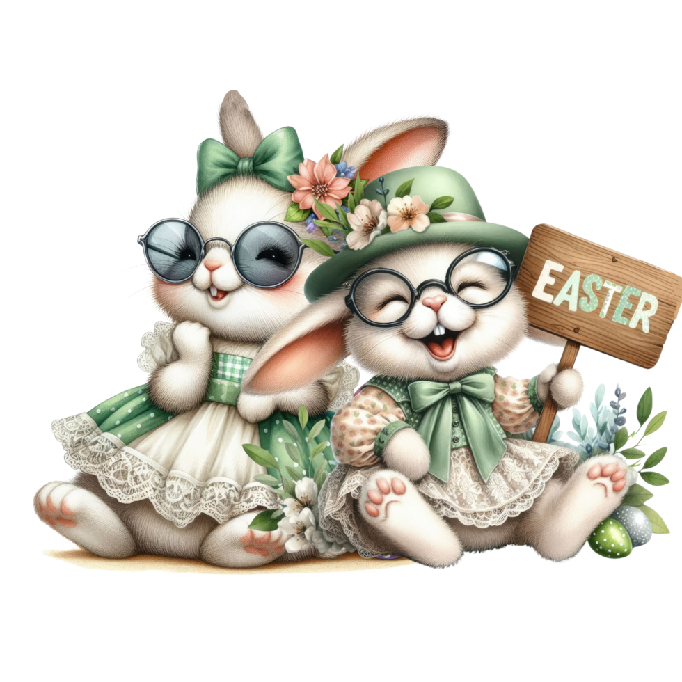 two cute rabbits with glasses and easter eggs holding a sign png