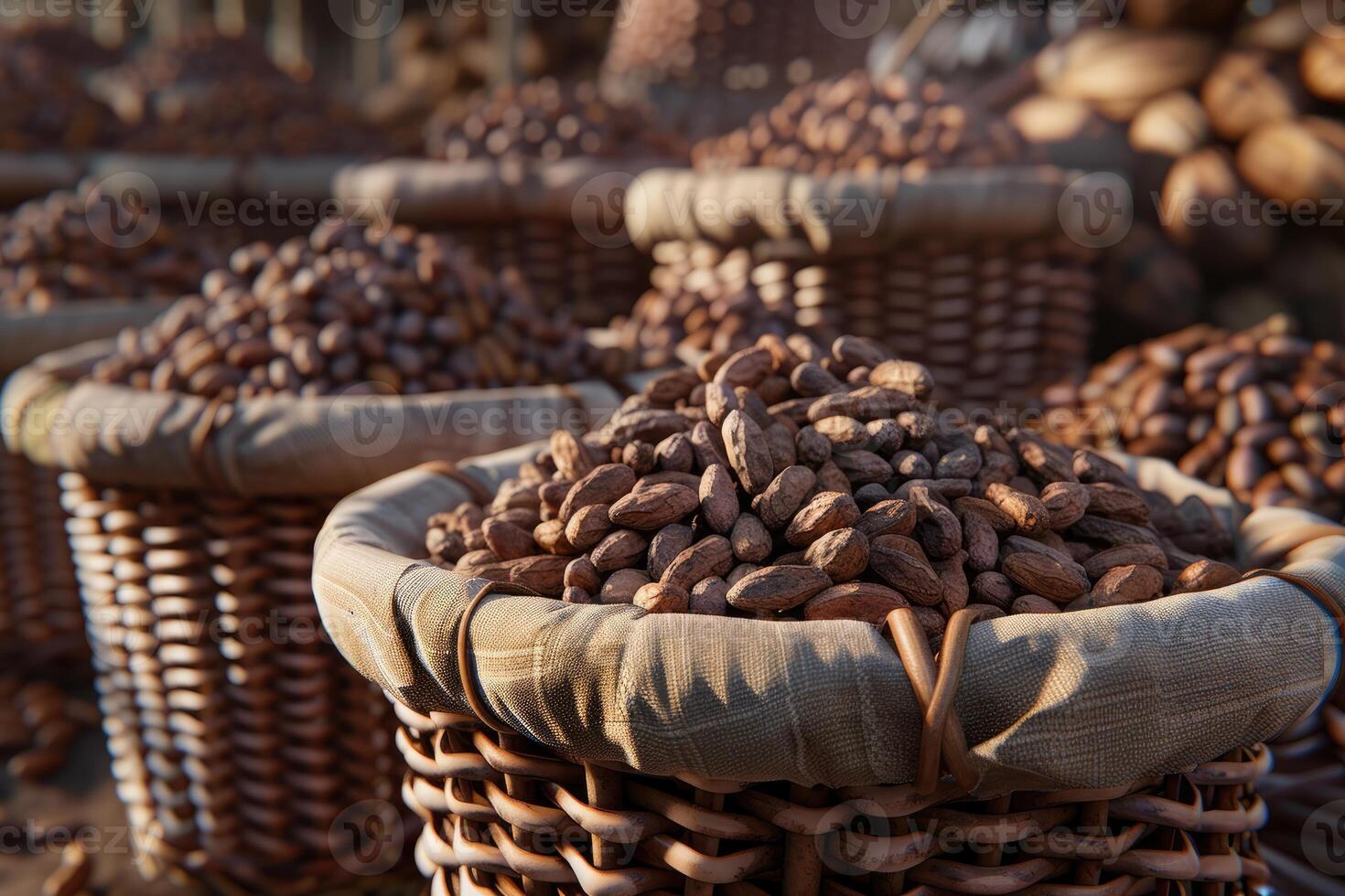 AI generated Lots of cocoa beans in baskets photo