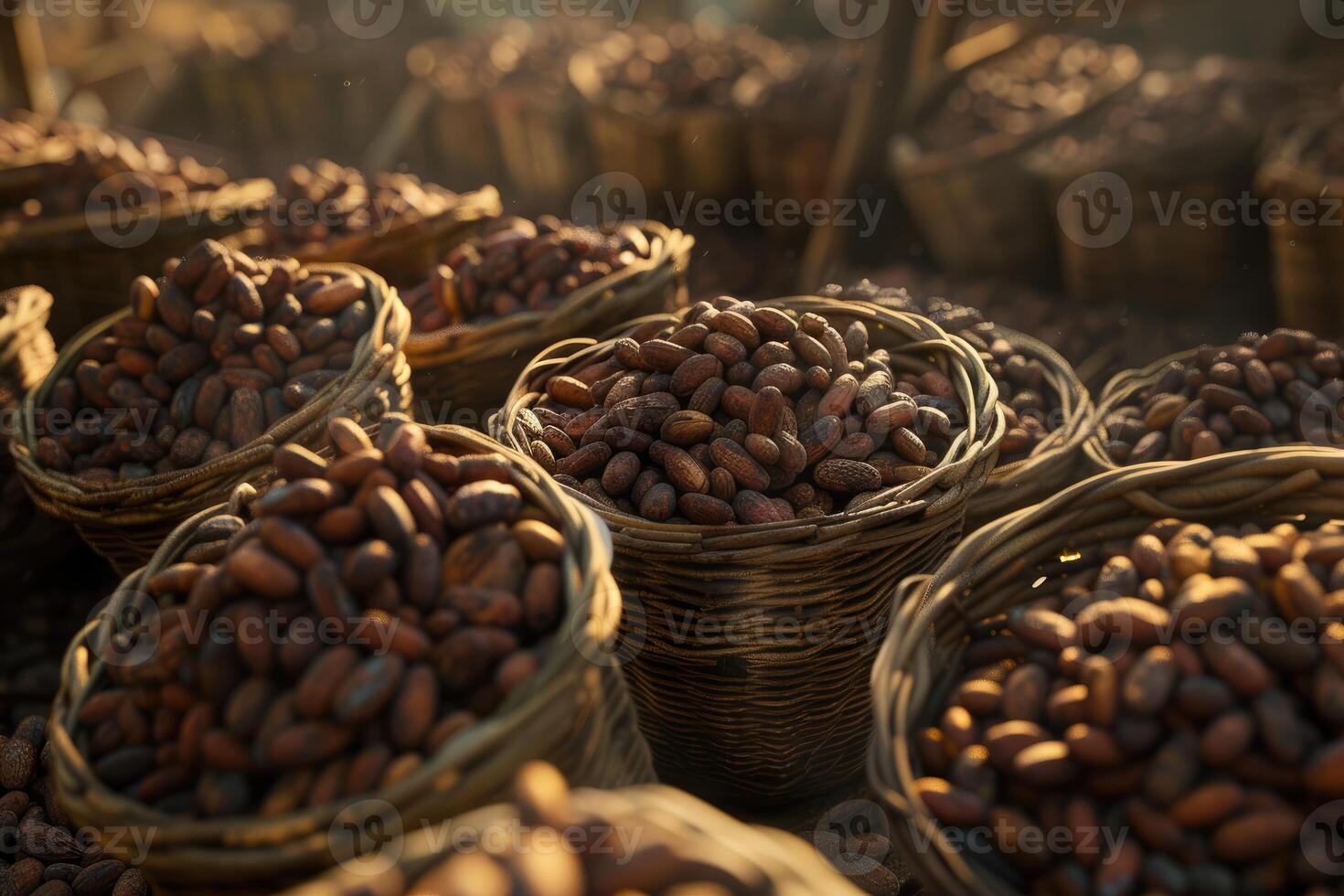 AI generated Lots of cocoa beans in baskets photo