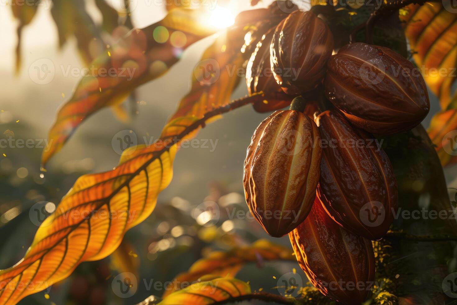 AI generated Cocoa beans on a tree photo