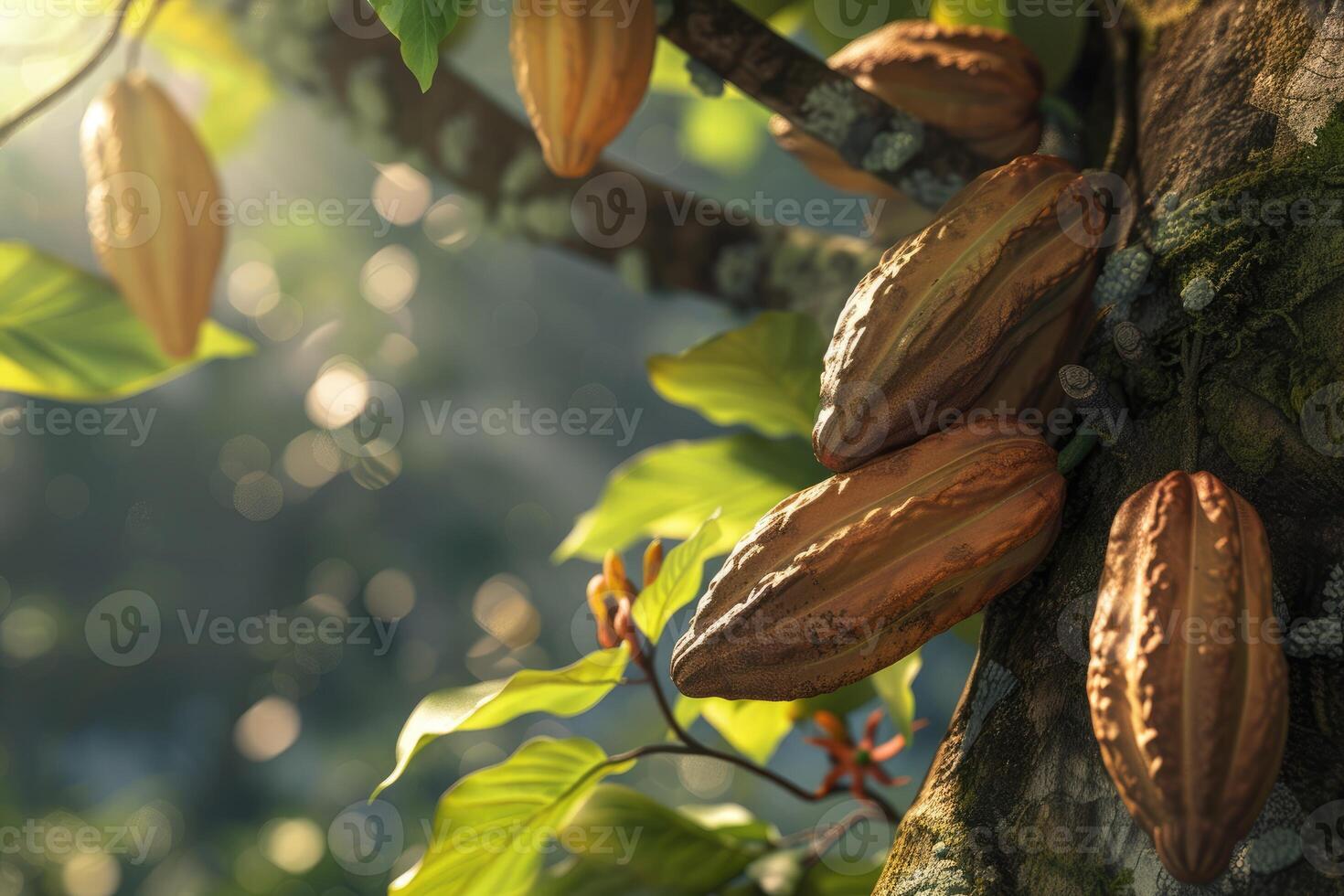 AI generated Cocoa beans on a tree photo