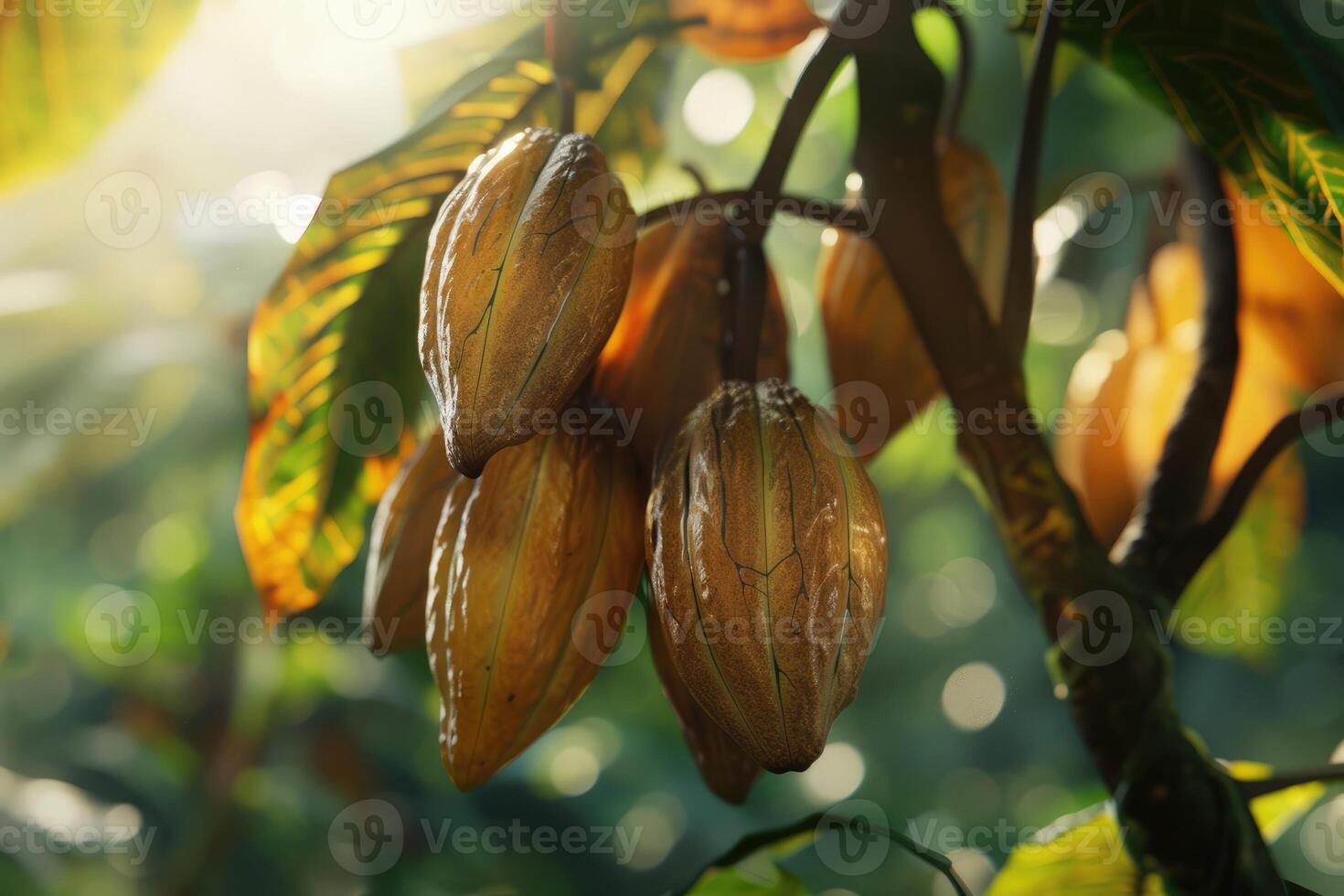 AI generated Cocoa beans on a tree photo