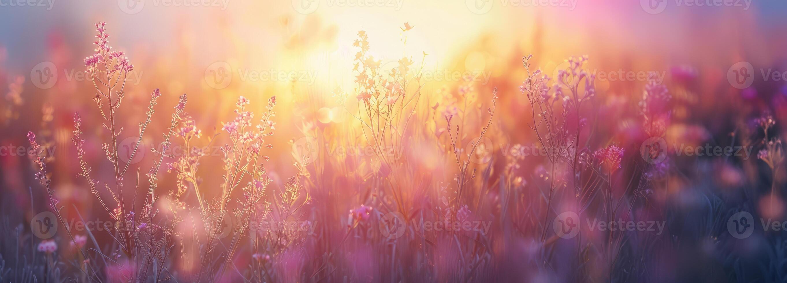 AI generated banner field with wildflowers, beautiful pink sunrise, sunset, blossom, concept spring, summer, natural background photo