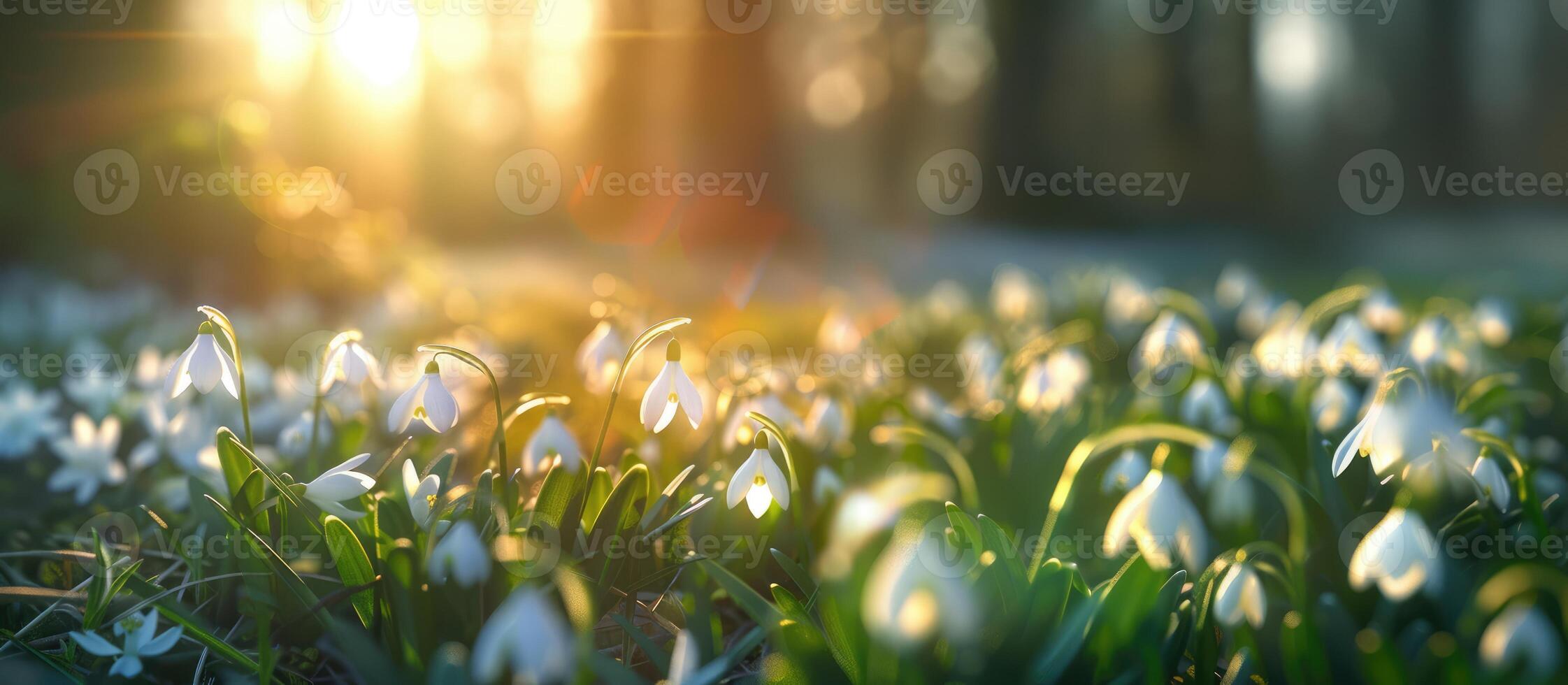 AI generated banner Field with blossom snowdrops in spring, spring concept, nature awakening photo
