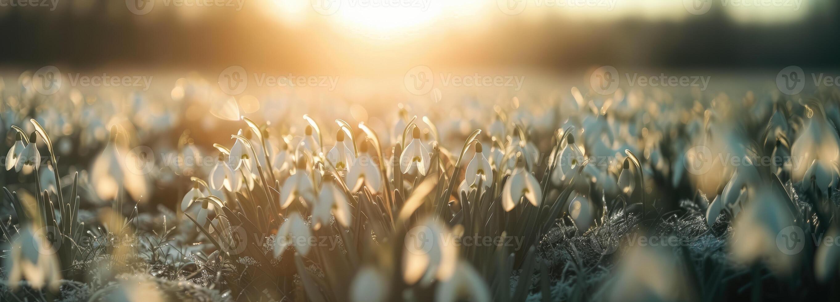 AI generated banner Field with blossom snowdrops in spring, spring concept, nature awakening photo