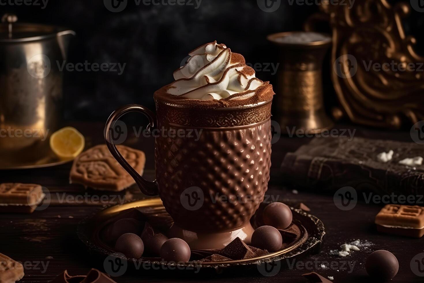 AI generated Hot chocolate with marsmallow candies. Neural network AI generated photo