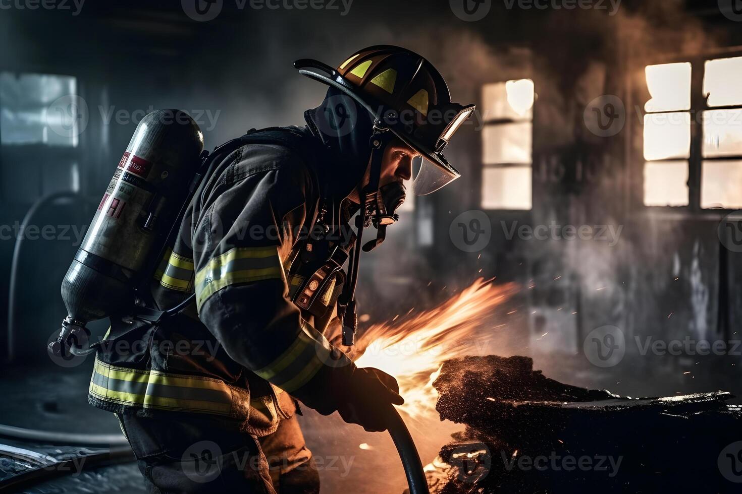 AI generated firefighters spraying water in fire fighting operation, Fire and rescue training school regularly. Neural network AI generated photo