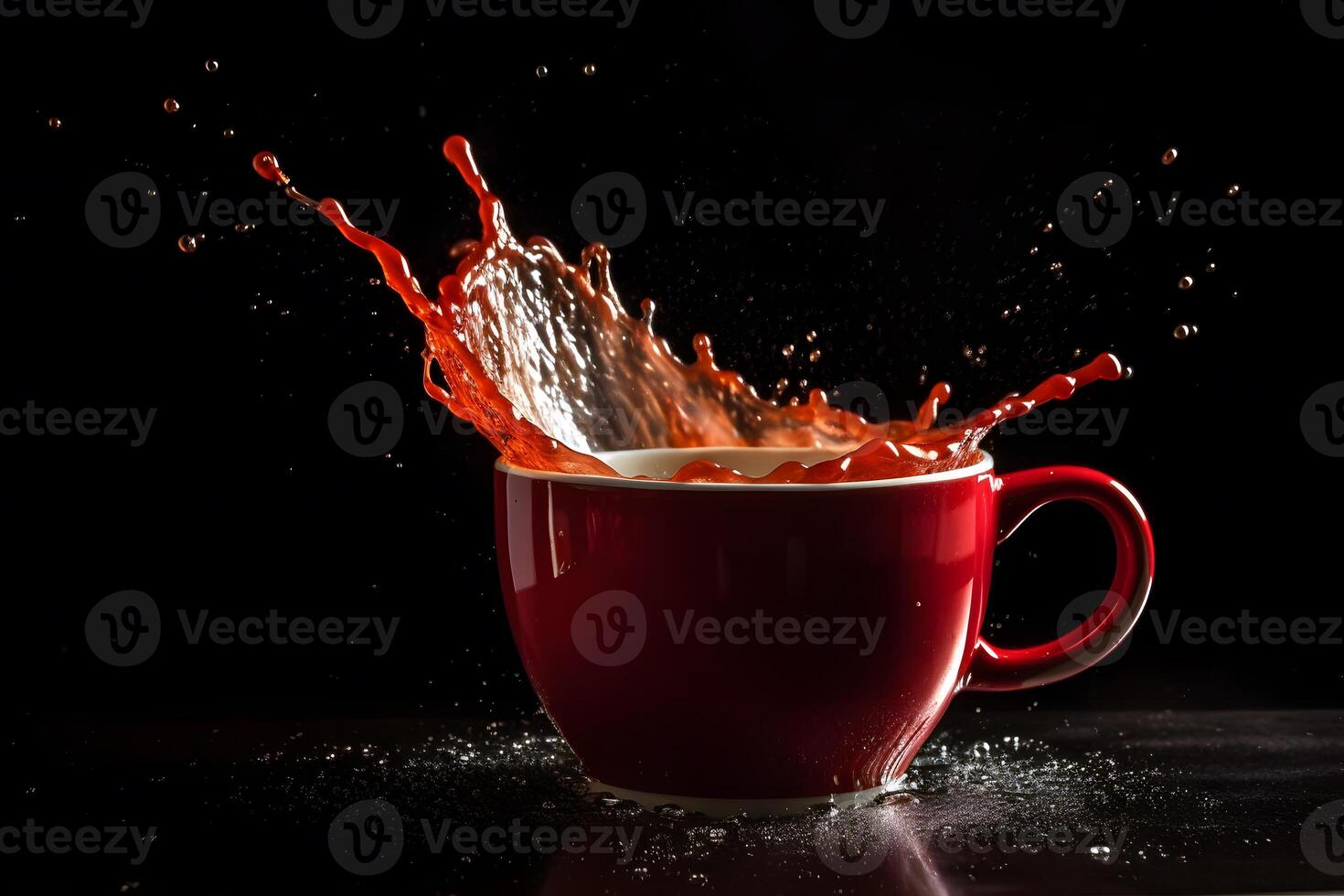 ai generado rojo taza con chapoteo. neural red ai generado foto