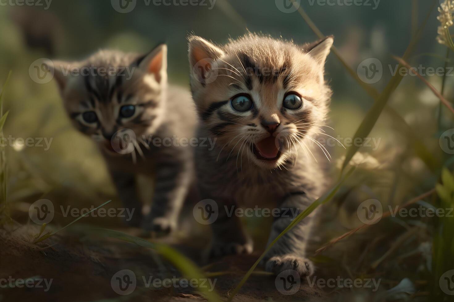 AI generated Cute little kittens in the grass in nature. Neural network AI generated photo