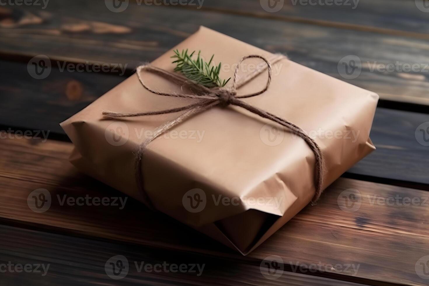 AI generated christmas gift box and decorations on a old wooden background. Neural network AI generated photo