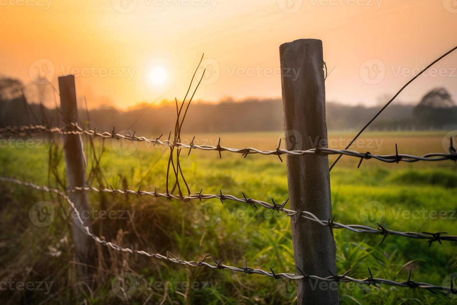 AI generated Barbed wire fence with Twilight sky to feel Silent and lonely and want freedom. Neural network AI generated photo