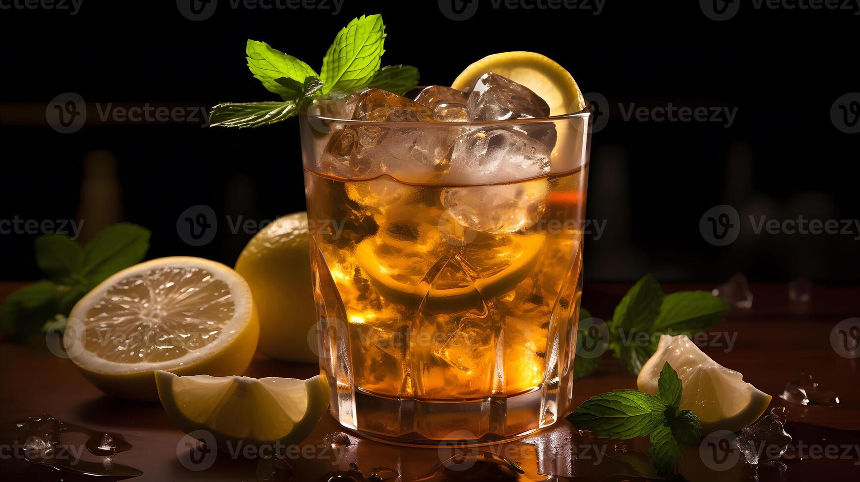 AI generated Iced tea with lemon slices and mint. Neural network AI generated photo