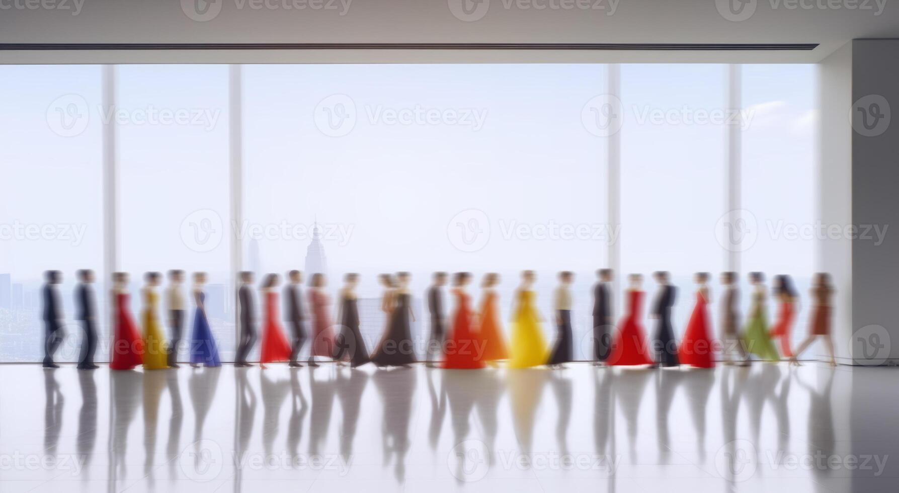 AI generated image. Defocused image of the fashionable people wearing colorful dresses and suits next to the window of the bright loft interior photo
