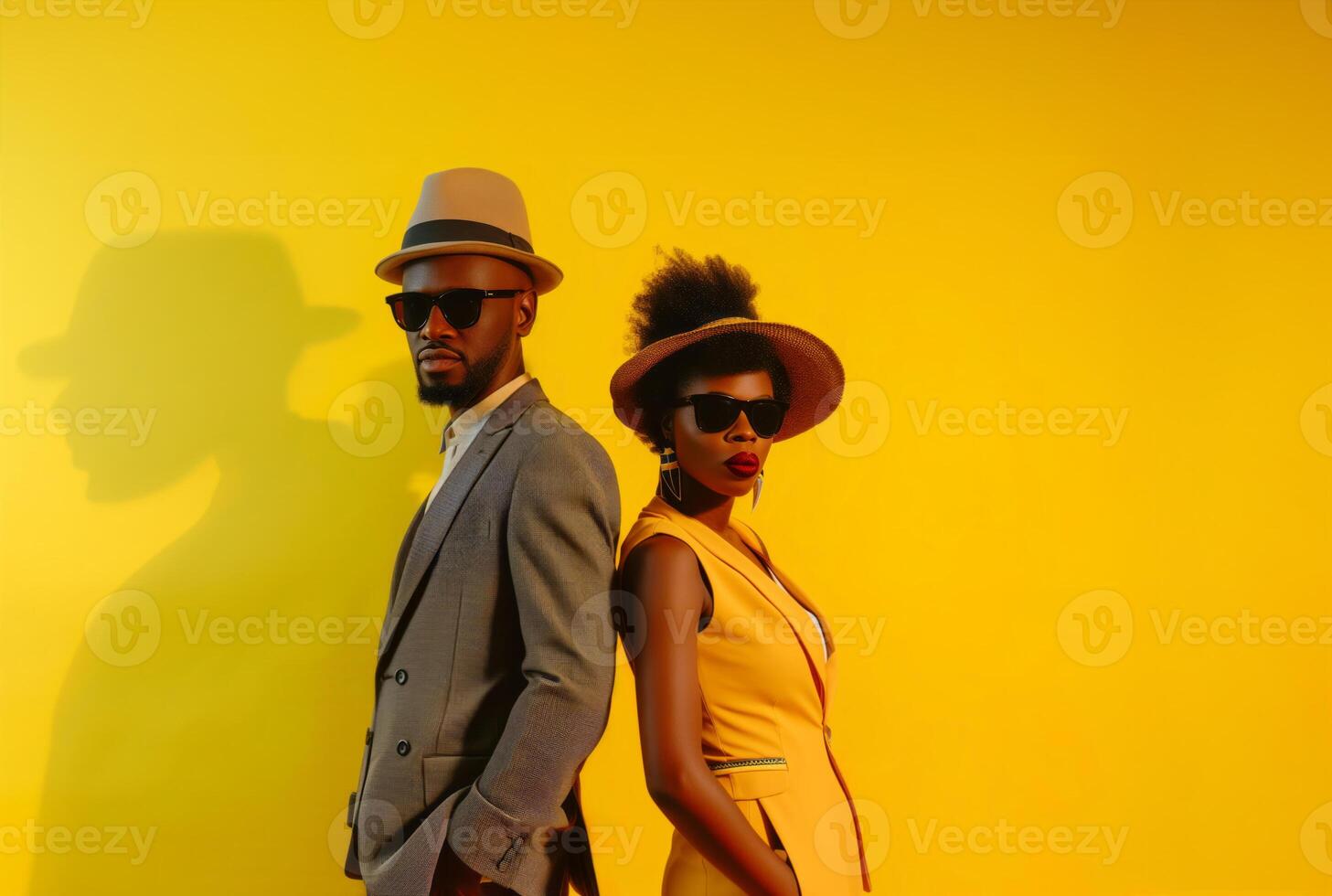 AI generated AI Generated Image. Elegant trendy vintage fashionable black people posing on yellow background photo