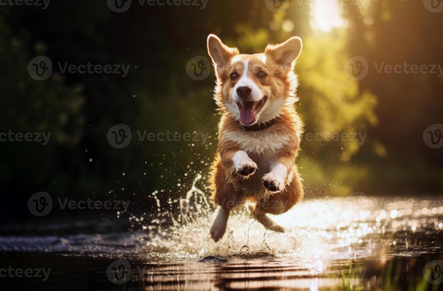 ai generado ai generado imagen. linda corgi perro corriendo y saltando en un estanque foto