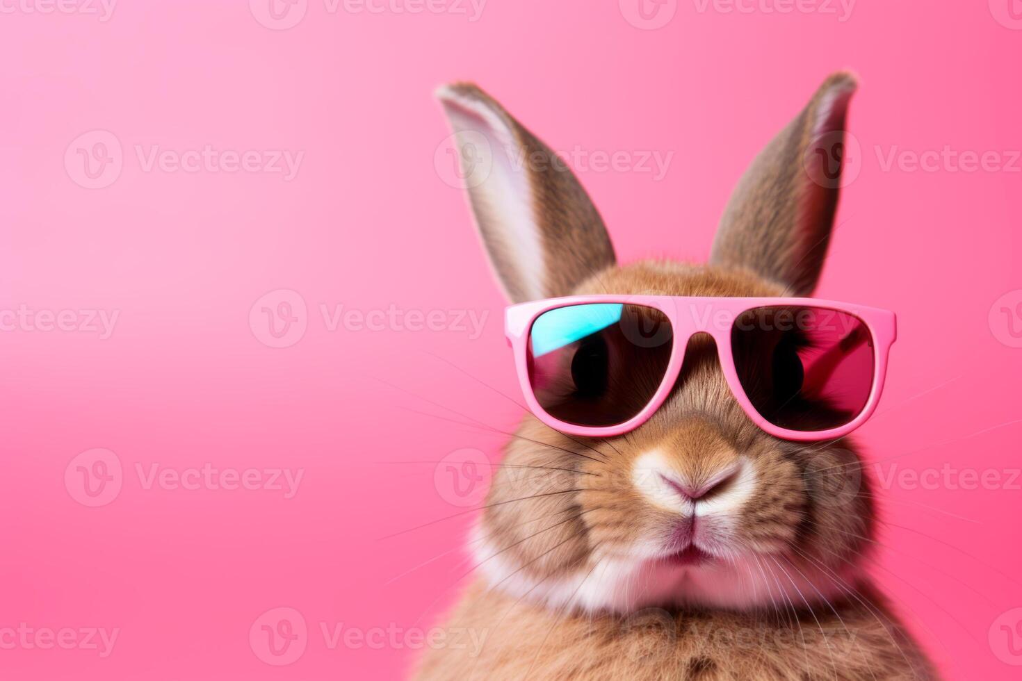ai generado ai generado imagen. frio Pascua de Resurrección conejito con Gafas de sol en un rosado antecedentes foto