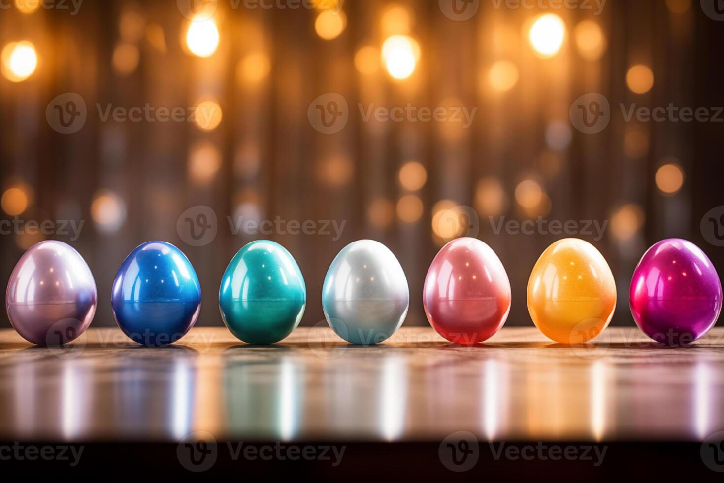 ai generado ai generado imagen. vistoso Pascua de Resurrección huevos en un fila en un mesa con Copiar espacio foto