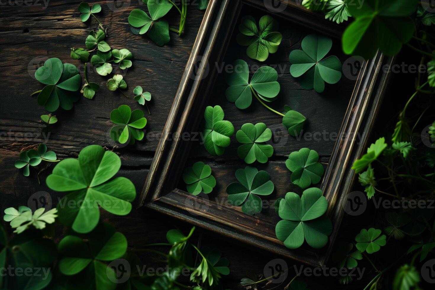 AI generated AI Generated Image. Empty photo frame surrounded by lucky shamrocks on a dark green table. St. Patrick Day concept