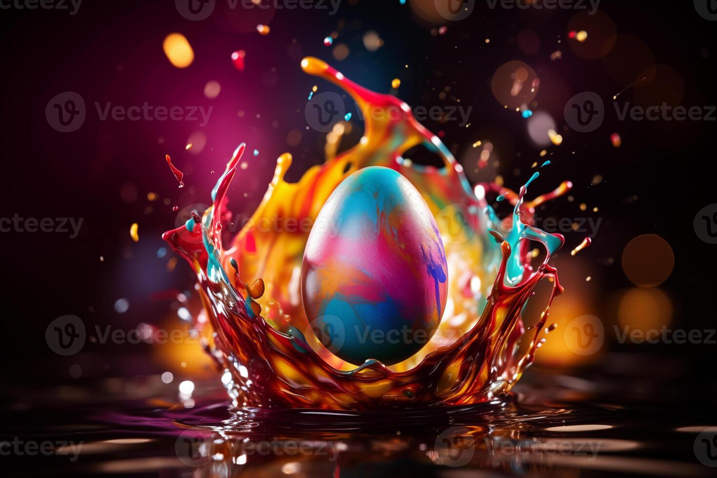 AI generated AI Generated Image. Easter egg splashing into the colorful paint photo
