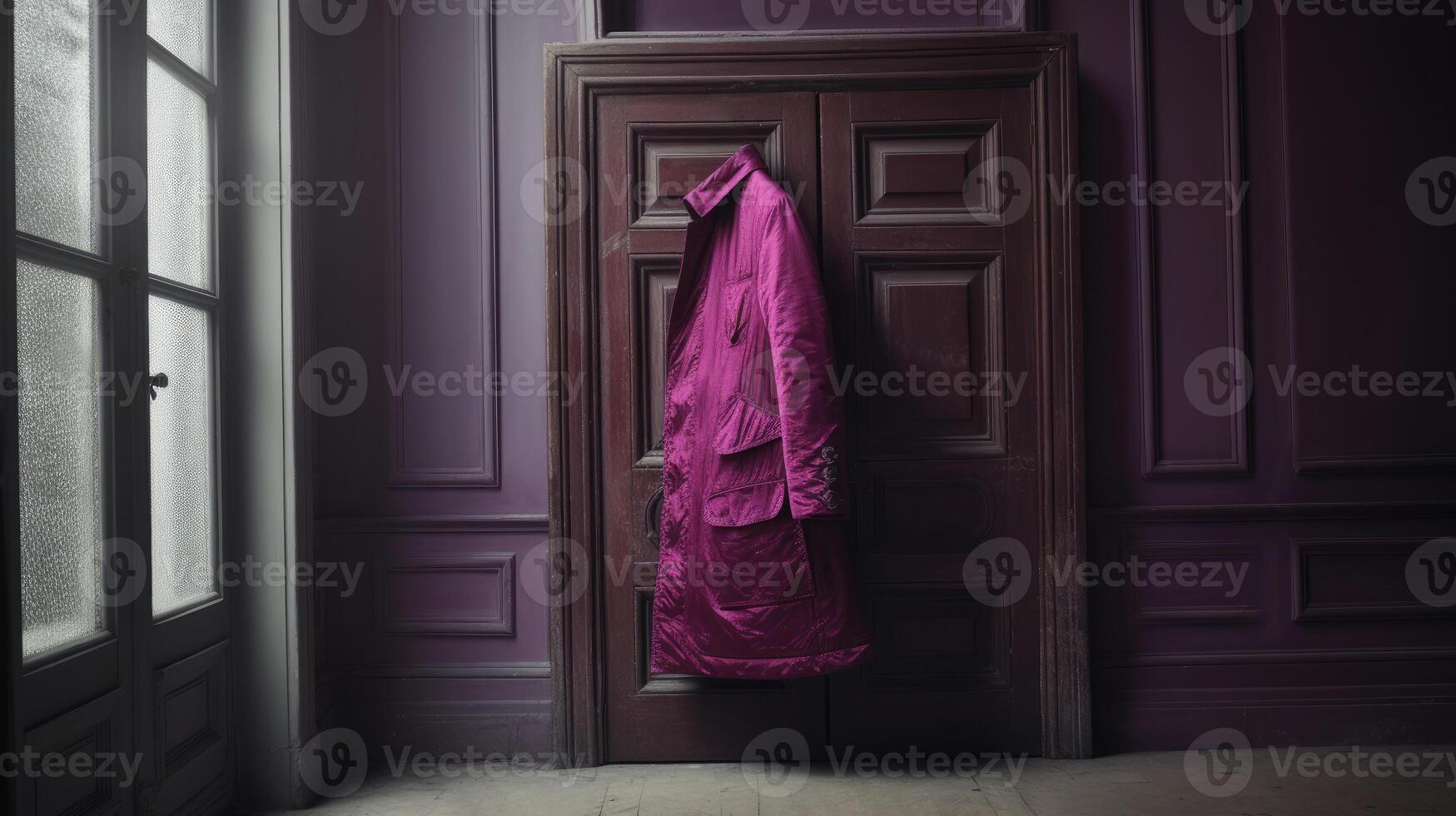 AI generated image. Deep magenta coat flying next to the window in classic interior.tiff photo