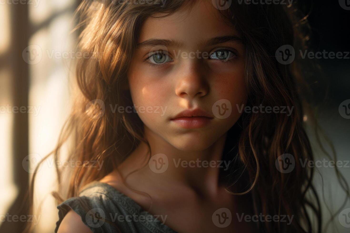 AI generated image. Close-up portrait of the serene girl looking at camera photo