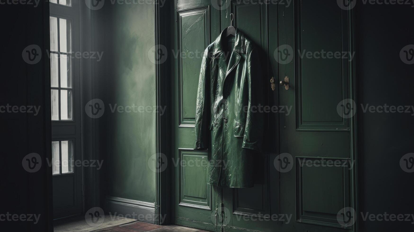 AI generated image. Deep dark green coat hanging on a door in the classic interior photo