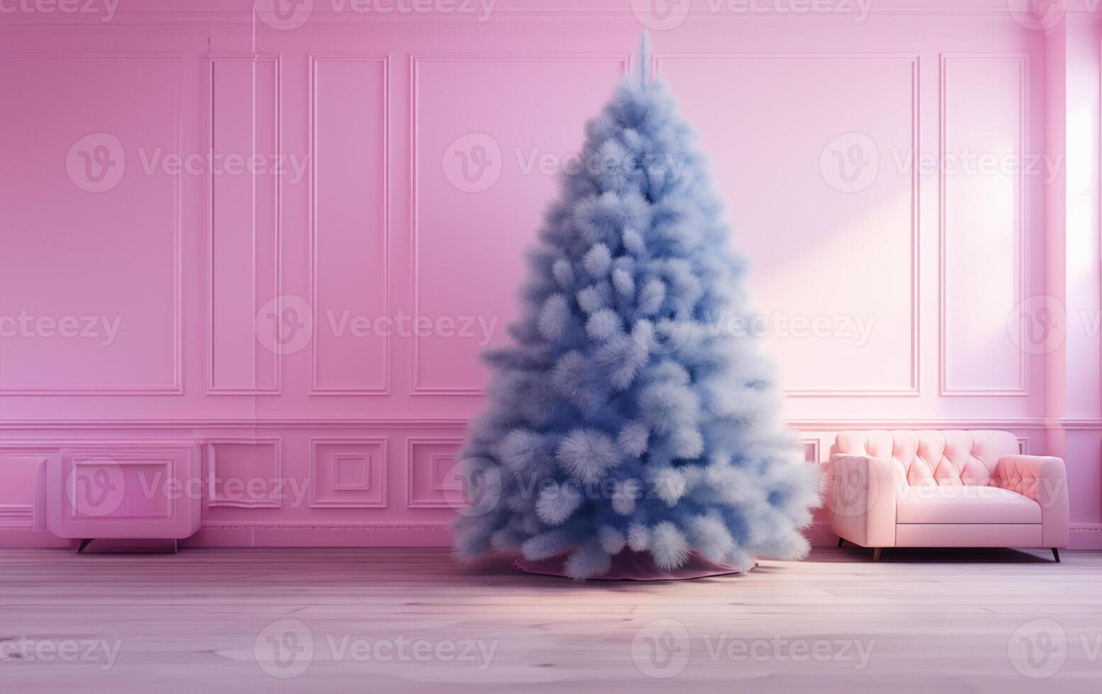AI generated AI Generated Image. Blue fluffy Christmas tree in a pink interior photo