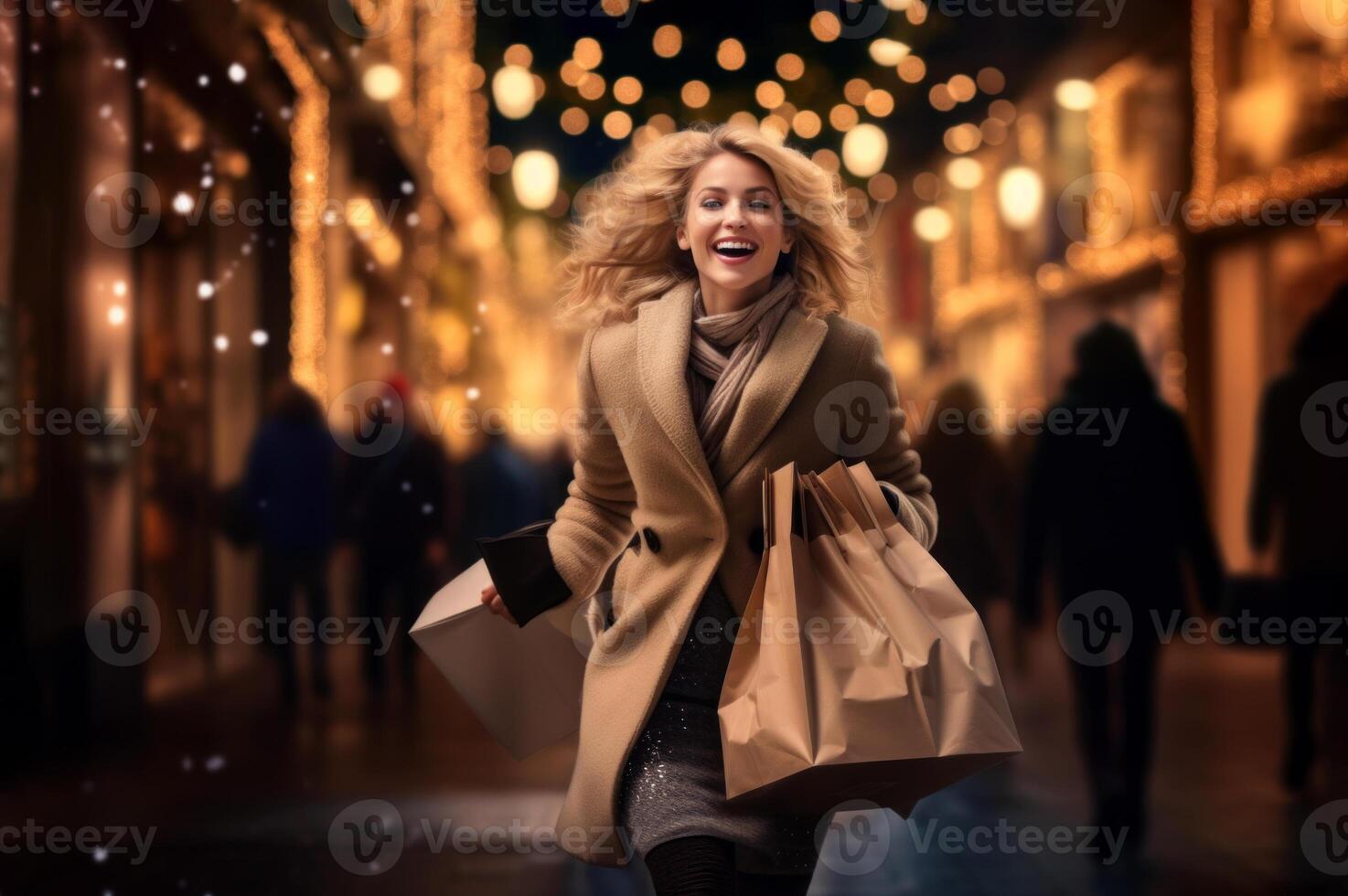 AI generated image. Cheerful blond beautiful woman carrying shopping bags and running on a Christmas illuminated and decorated city photo