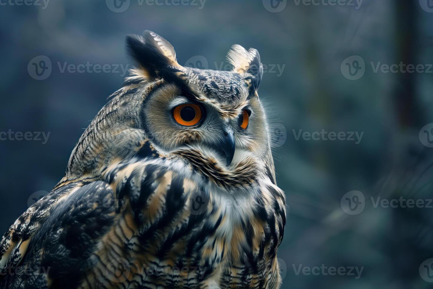 AI generated AI Generated Image. Close up view portrait of the eagle owl in the forest photo