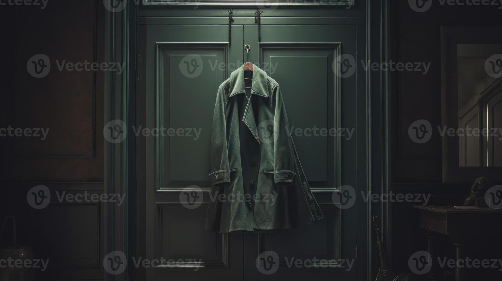 AI generated image. Deep dark green coat hanging on a door in the classic interior photo