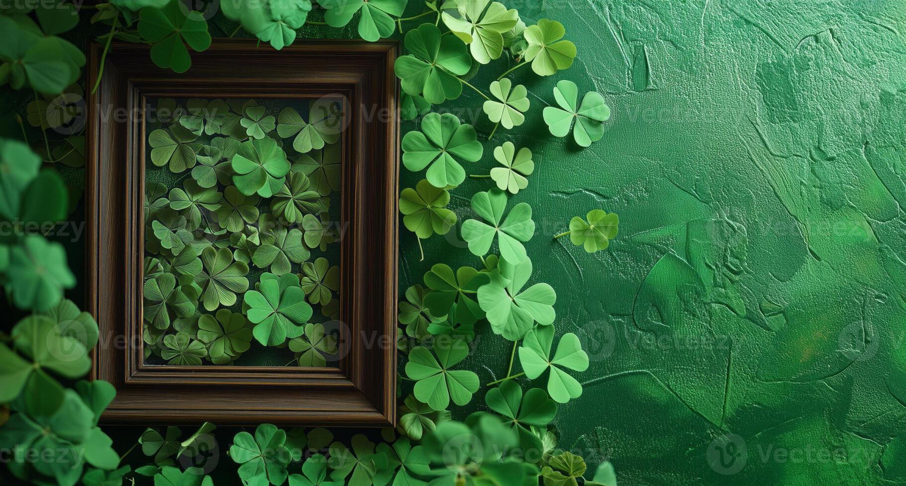 AI generated AI Generated Image. Empty photo frame surrounded by lucky shamrocks on a dark green table. St. Patrick Day concept