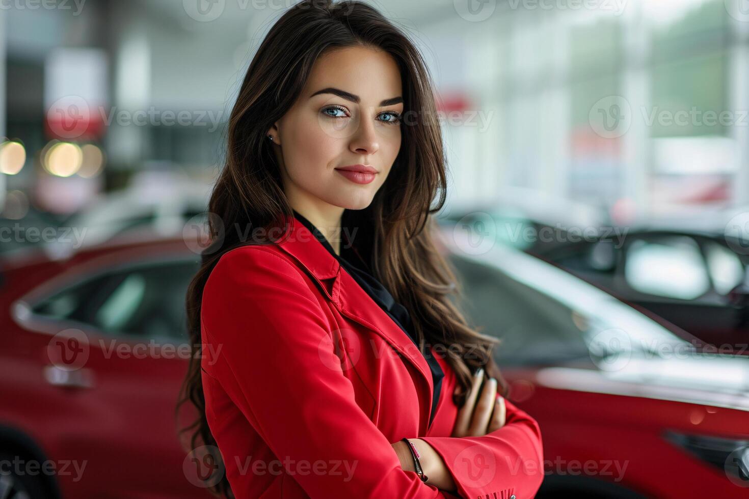 ai generado profesional lujo coche vendedora en lujo sala de exposición. auto concesión oficina. coche comerciante negocio. sonriente mujer en sala de exposición. costoso coche. automotor industria. lujo coche agente. foto