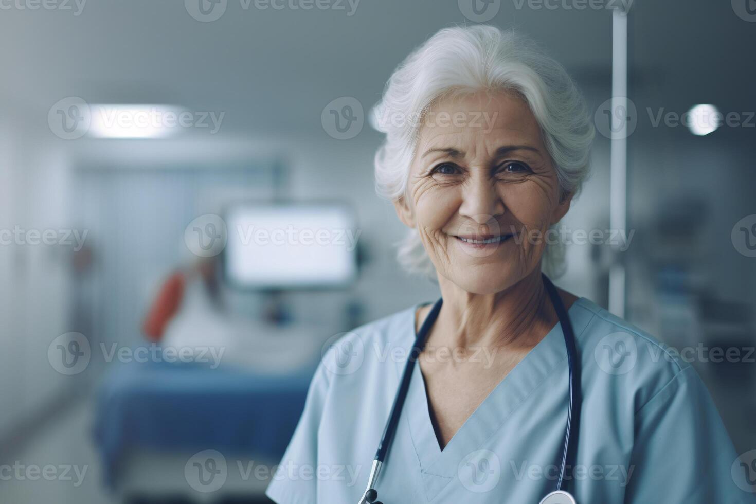 AI generated Experienced senior woman doctor in hospital portrait with stethoscope, exuding confidence and expertise in medical care. Doctor wearing uniform and stethoscope, expertise in healthcare. photo