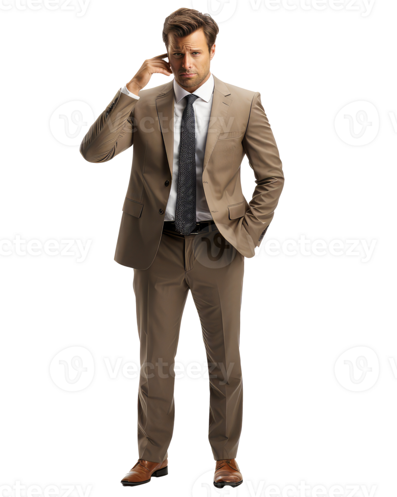 AI generated a man in a suit standing and talking on the phone png