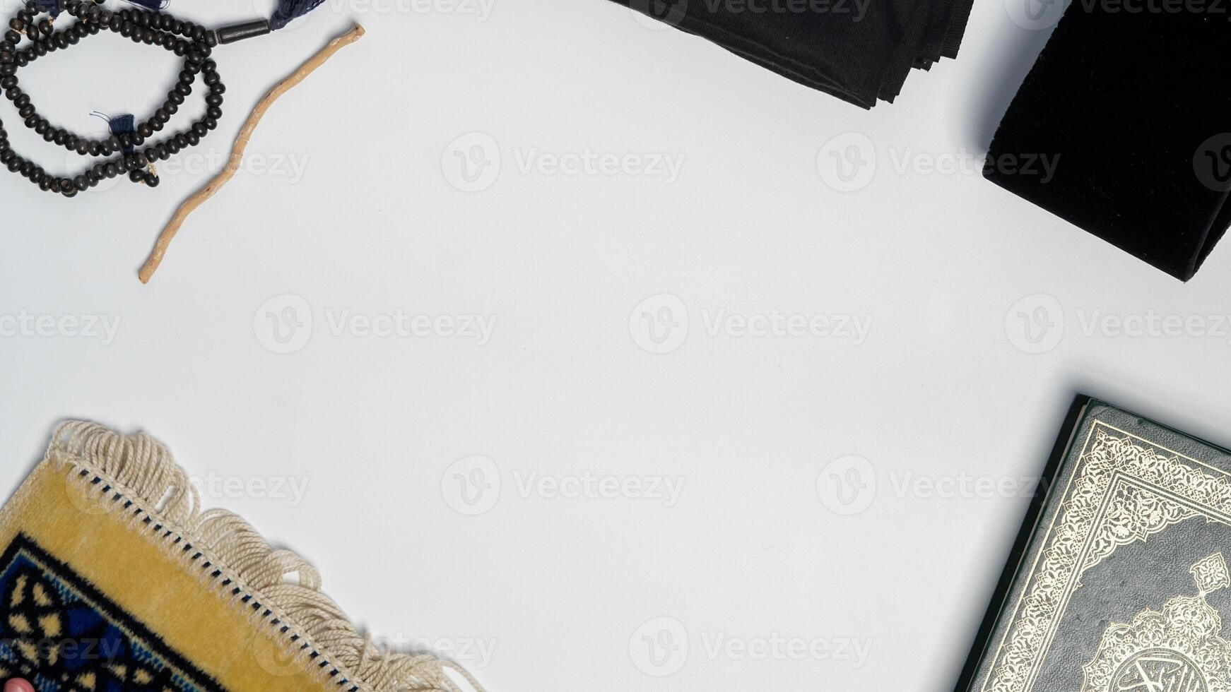 Islamic background with Copy Space, with Muslim prayer equipment on white background photo