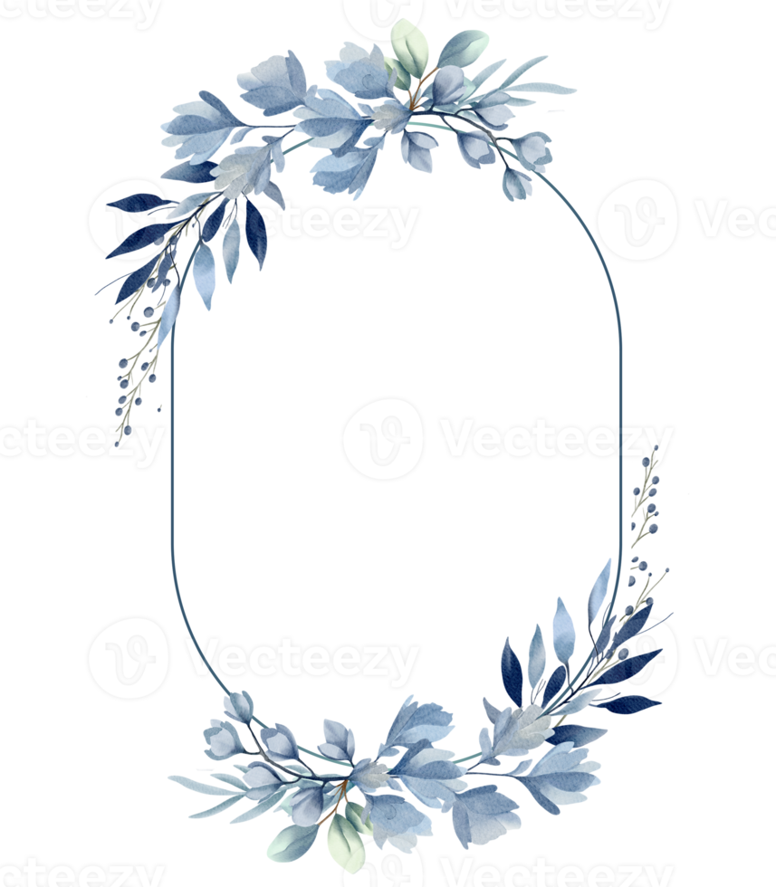Watercolor plants template, blue pastel colors. Botanical watercolor frame, wreath for wedding invitations, posters and cards. png