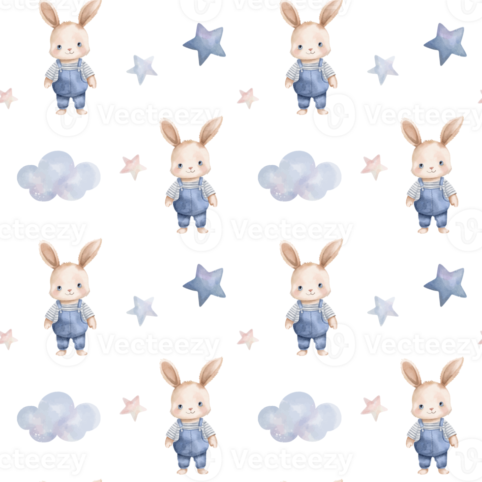 Seamless pattern with bunny, clouds, cute childish wallpaper. Watercolor rabbit background in pastel colors png