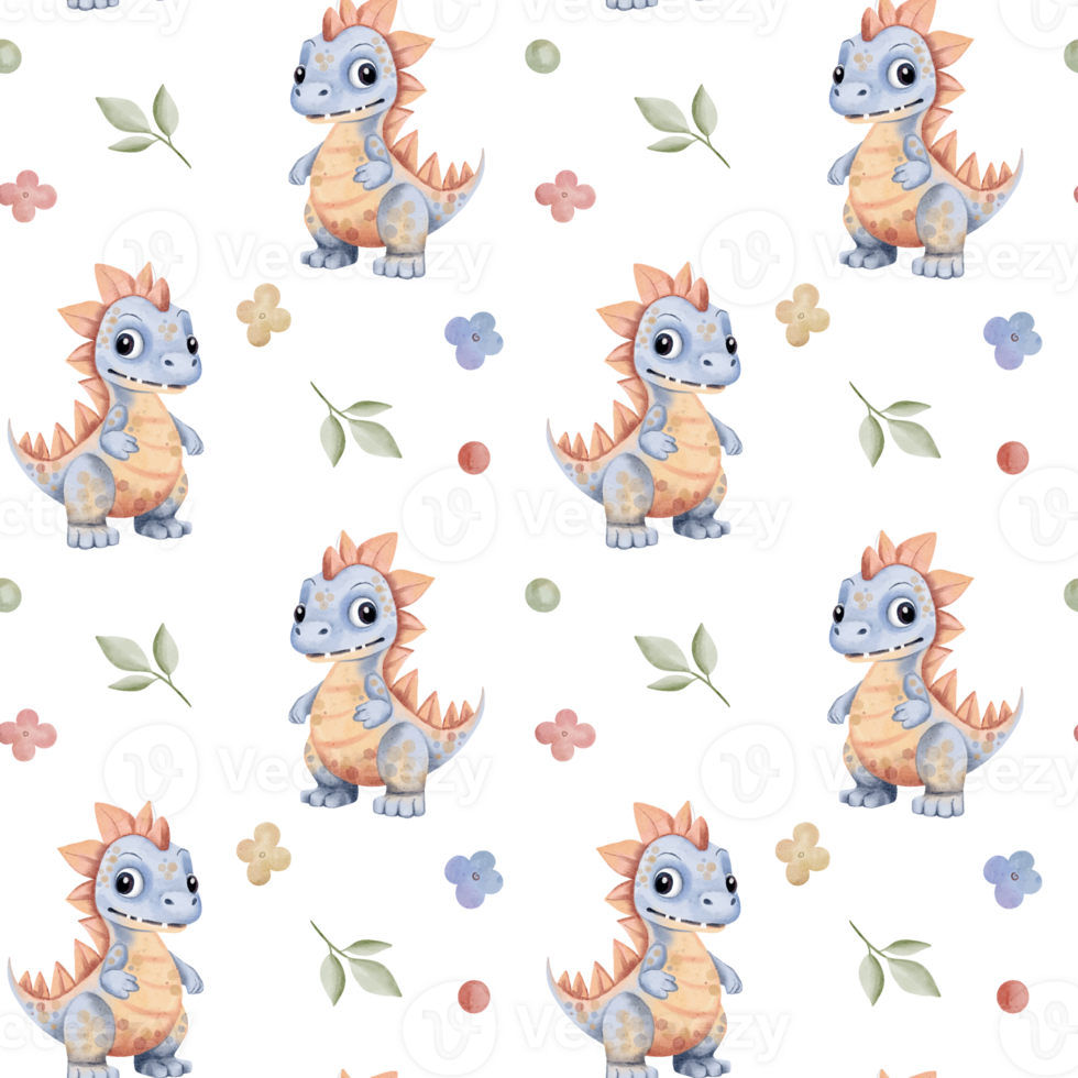 Seamless pattern with dinosaur, flowers, cute childish wallpaper. Watercolor dinosaur background in pastel colors png