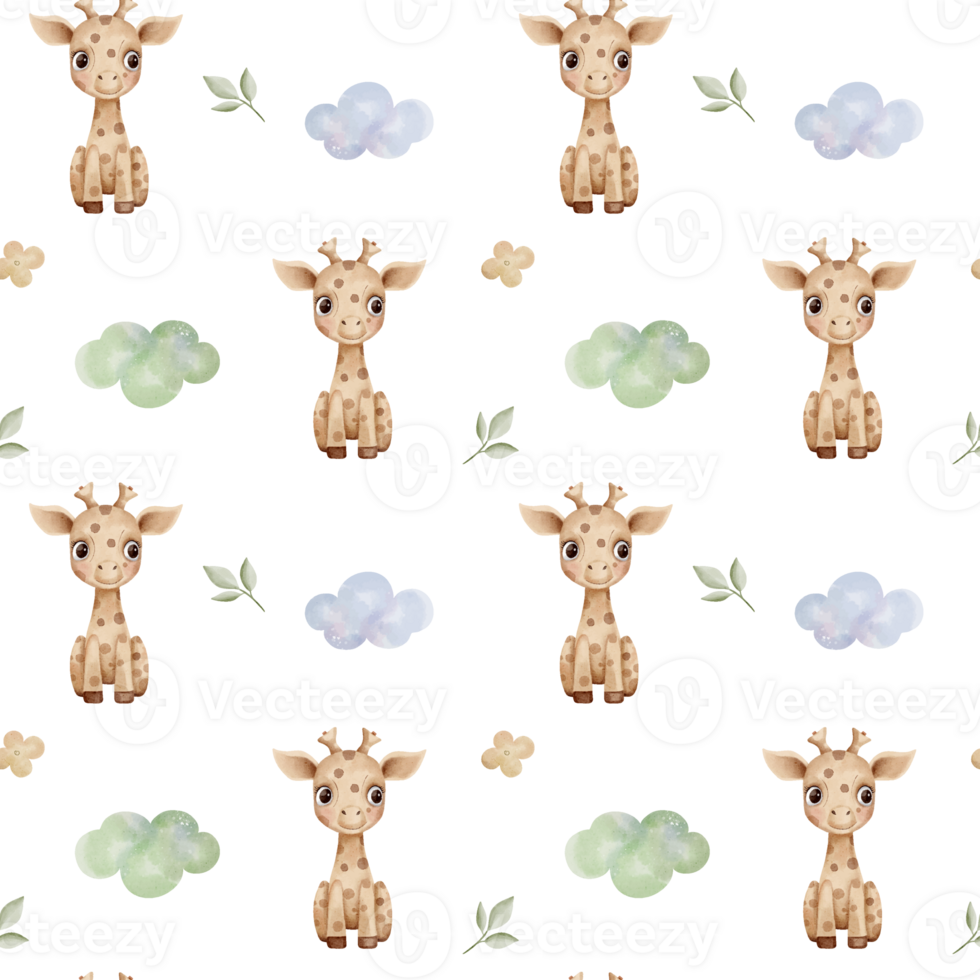 Seamless pattern with giraffe, clouds, cute childish wallpaper. Watercolor giraffe background in pastel colors png