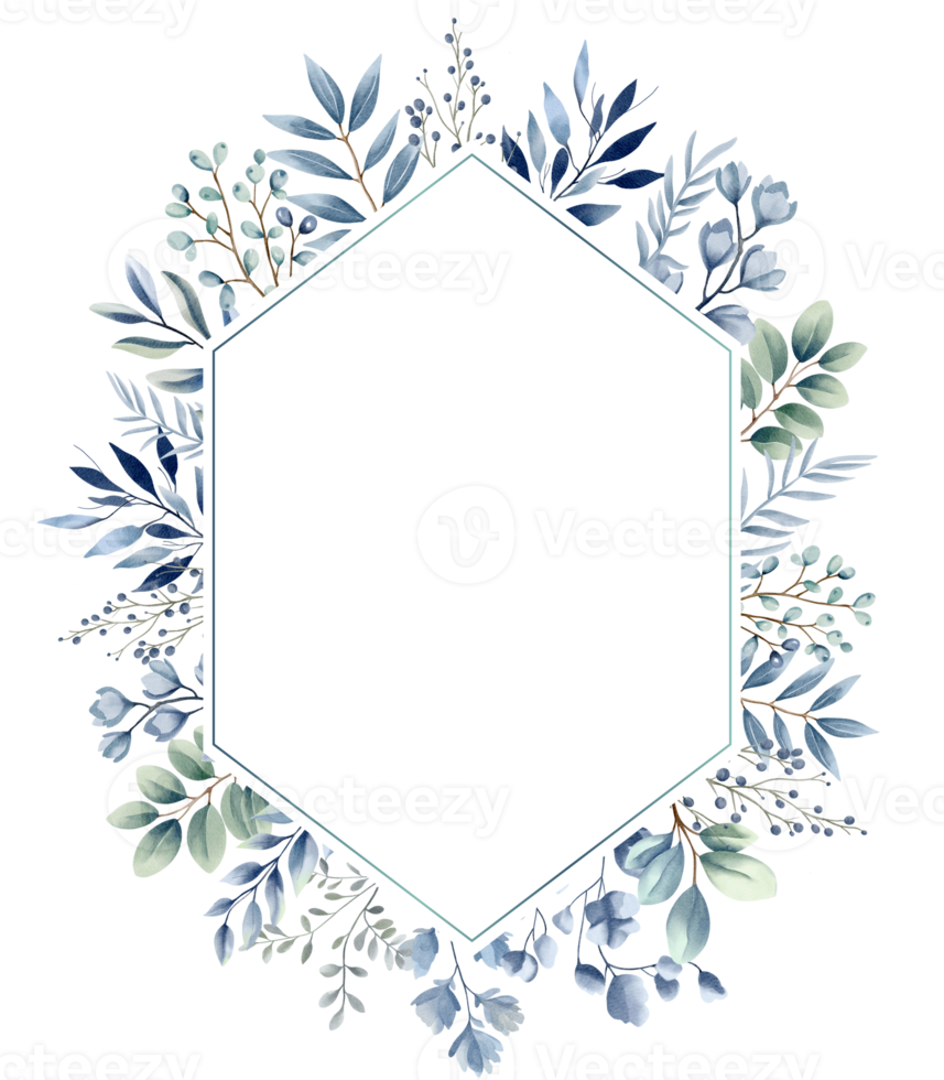 Watercolor plants template, blue pastel colors. Botanical watercolor frame, wreath for wedding invitations, posters and cards. png