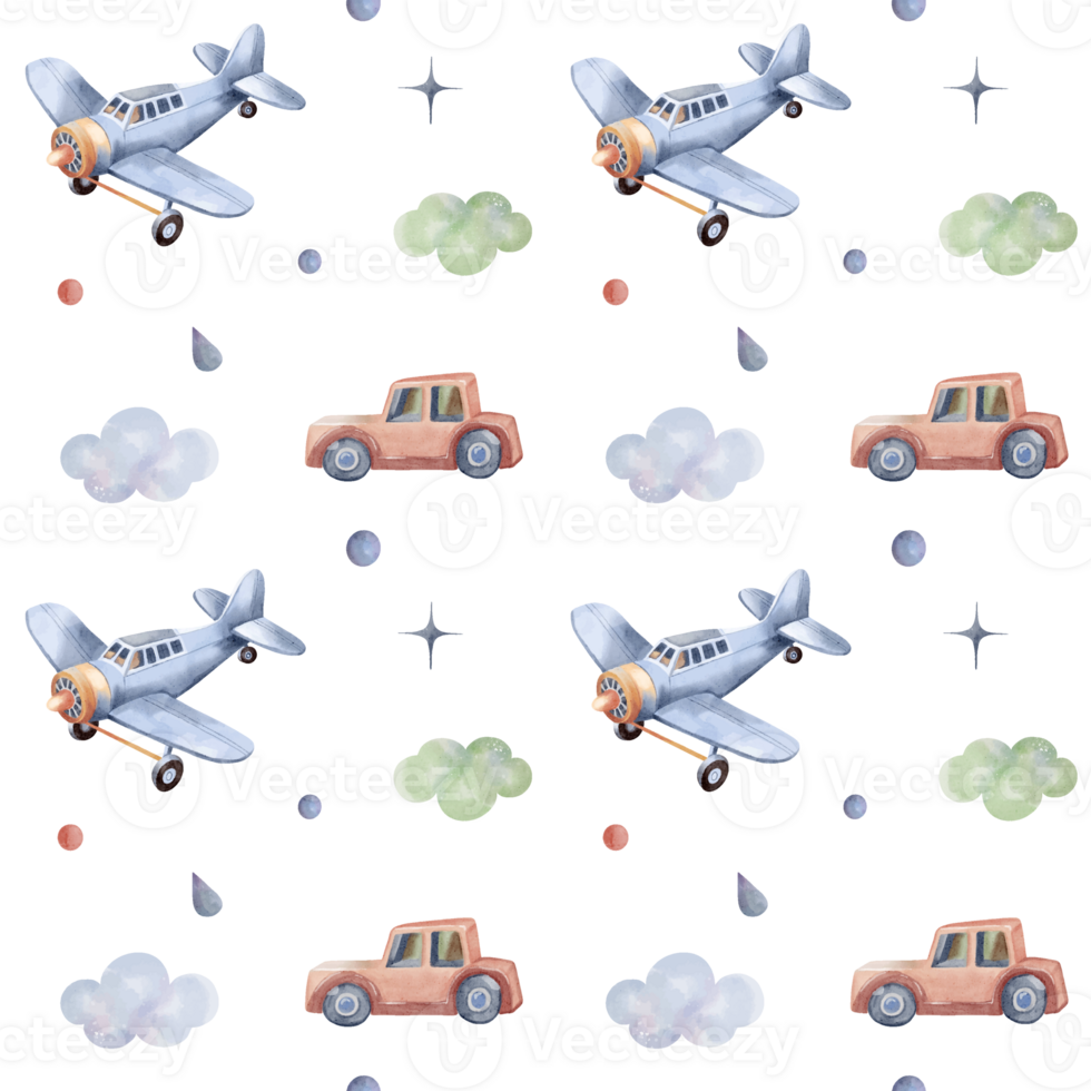 Seamless pattern with airplane, car. Cute childish wallpaper. Watercolor toys background in pastel colors png